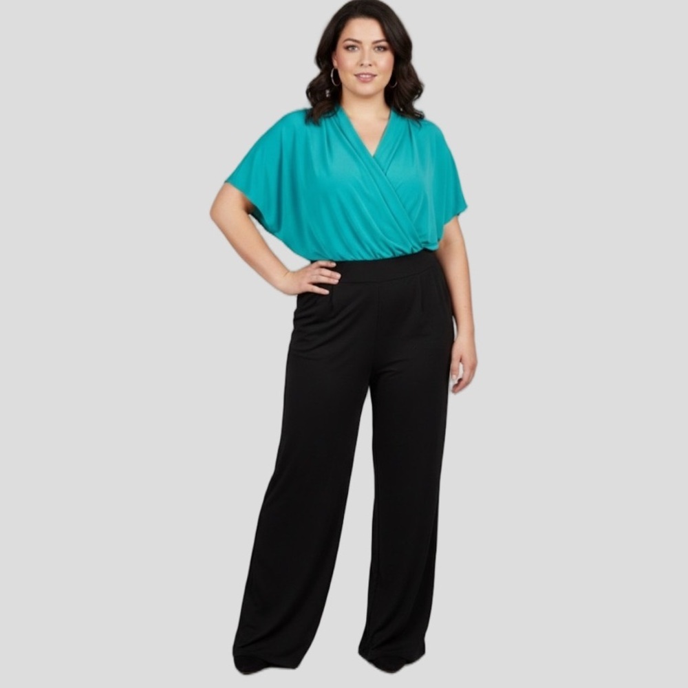 NINA LEONARD One Piece Jumpsuit Green Top Black Elastic Cuff Bottom size XL